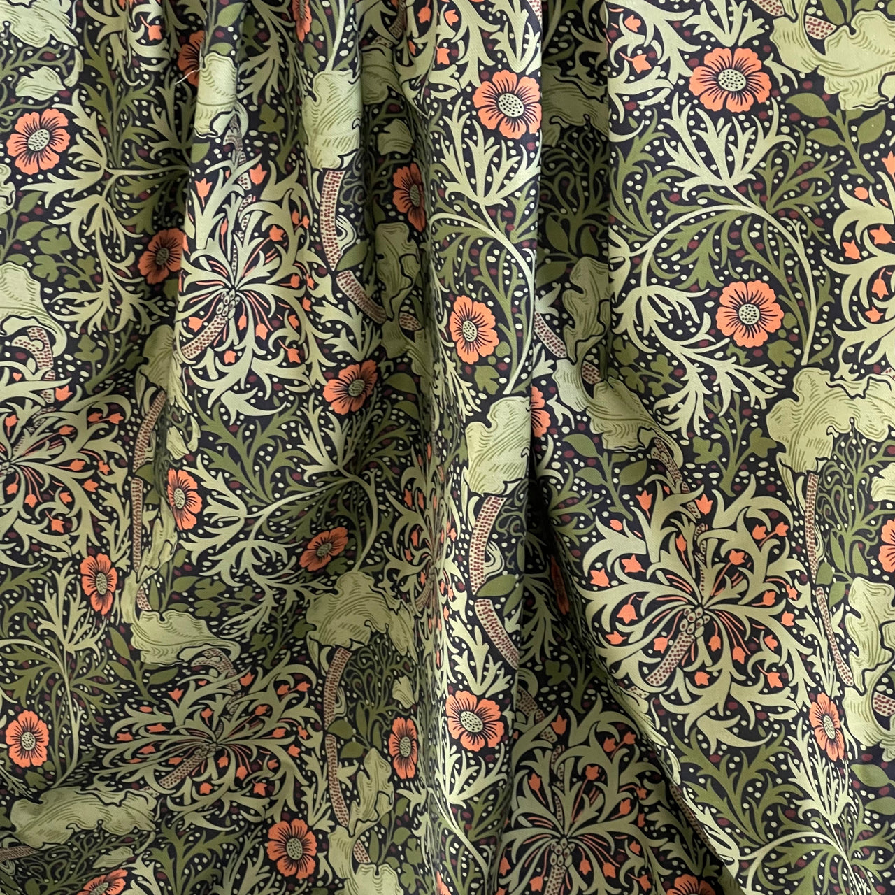 William Morris Seaweed Printed Cotton Fabric - Green and Orange - Sold by the Meter