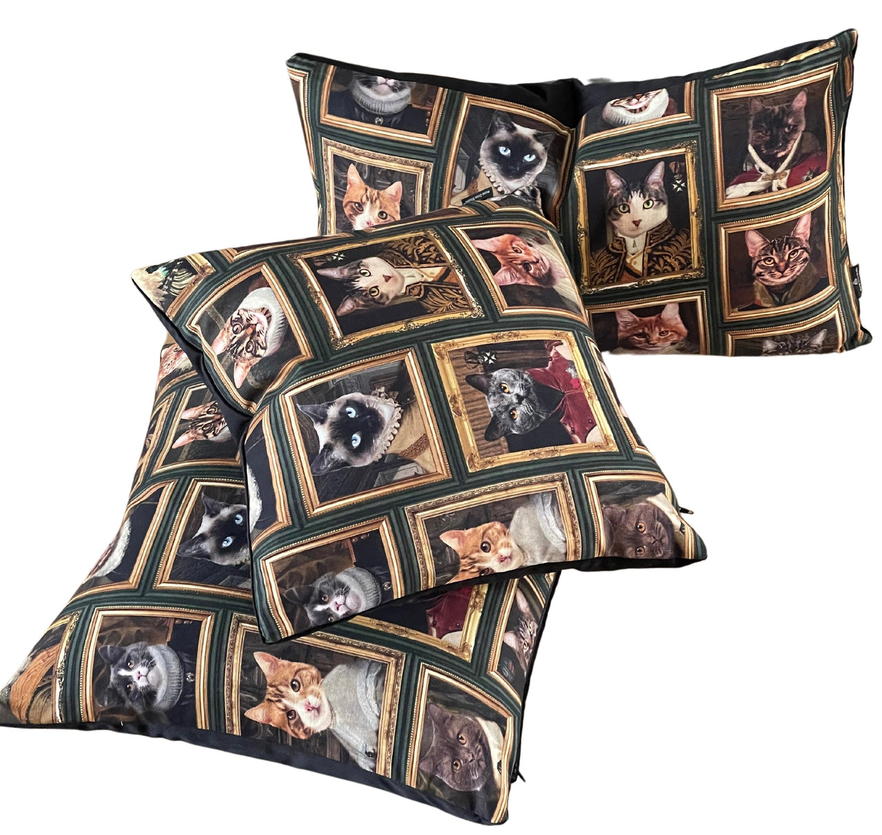 Artistic throw pillow with whimsical baroque cats