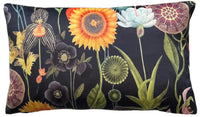 Thumbnail for Rectangular velvet pillow cover with tropical floral design including sunflowers, lotus pods, white lotus, and poppy seed pods on a dark base.

