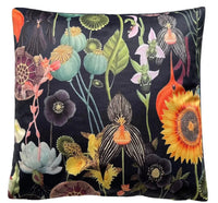 Thumbnail for Floral throw pillow with vibrant sunflowers, striped orchids, poppy seed pods, and dark purple flowers against a dark velvet backdrop.
