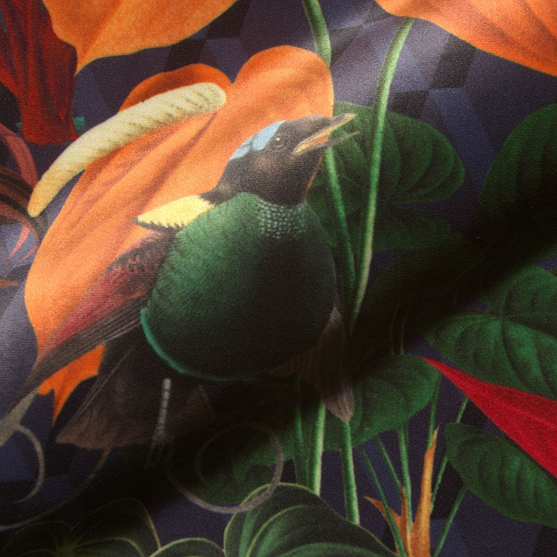 Jungle velvet fabric featuring exotic birds

