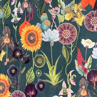 Thumbnail for Dark green botanical velvet fabric with repeating floral pattern featuring sunflowers, orchids, lotus pods, and poppy seed heads in vibrant colors.

