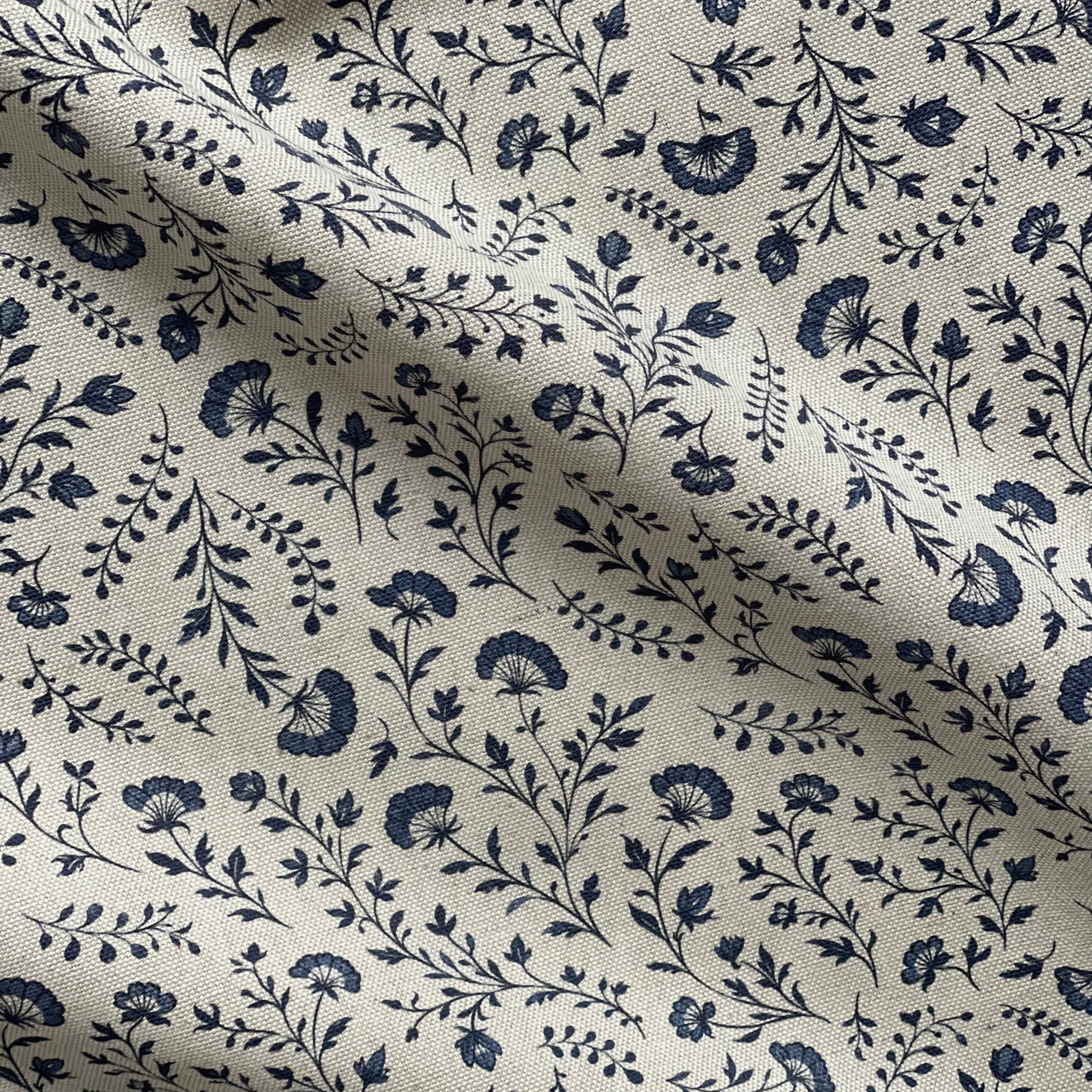 Premium woven floral fabric with indigo botanical country print