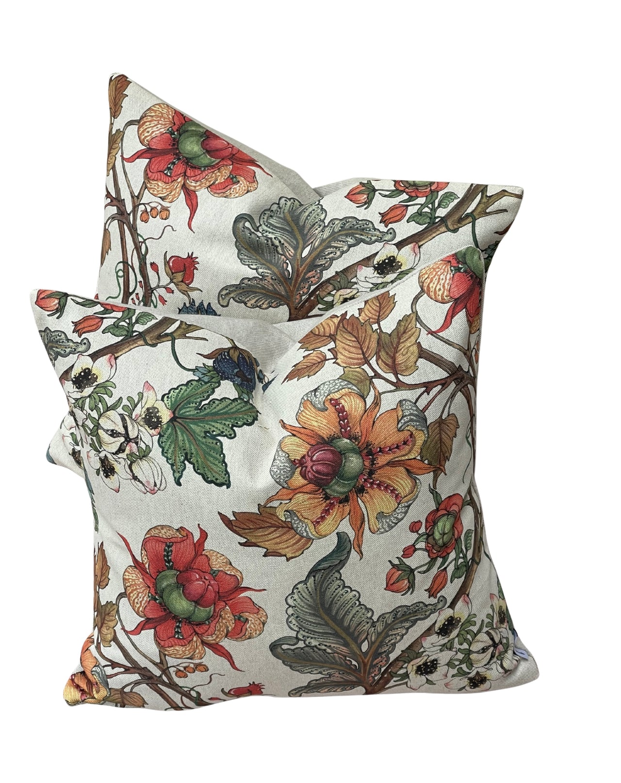 Country style cushion cover featuring heritage florals in rust, olive, cream and blue.