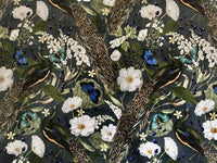 Thumbnail for Patterned fabric with peacocks, flowers, and butterflies on a dark background