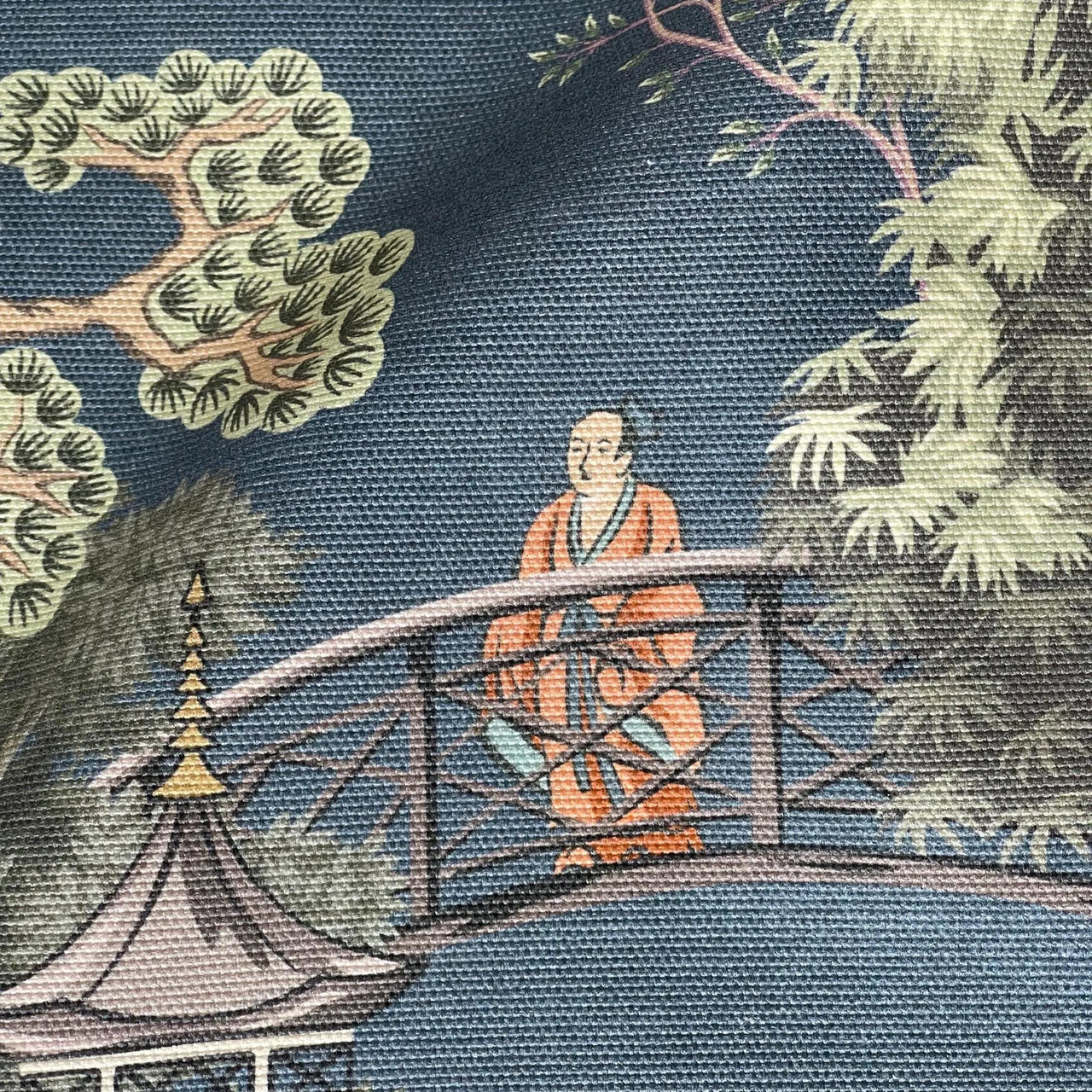 Cotton blend chinoiserie fabric with Asian garden elements