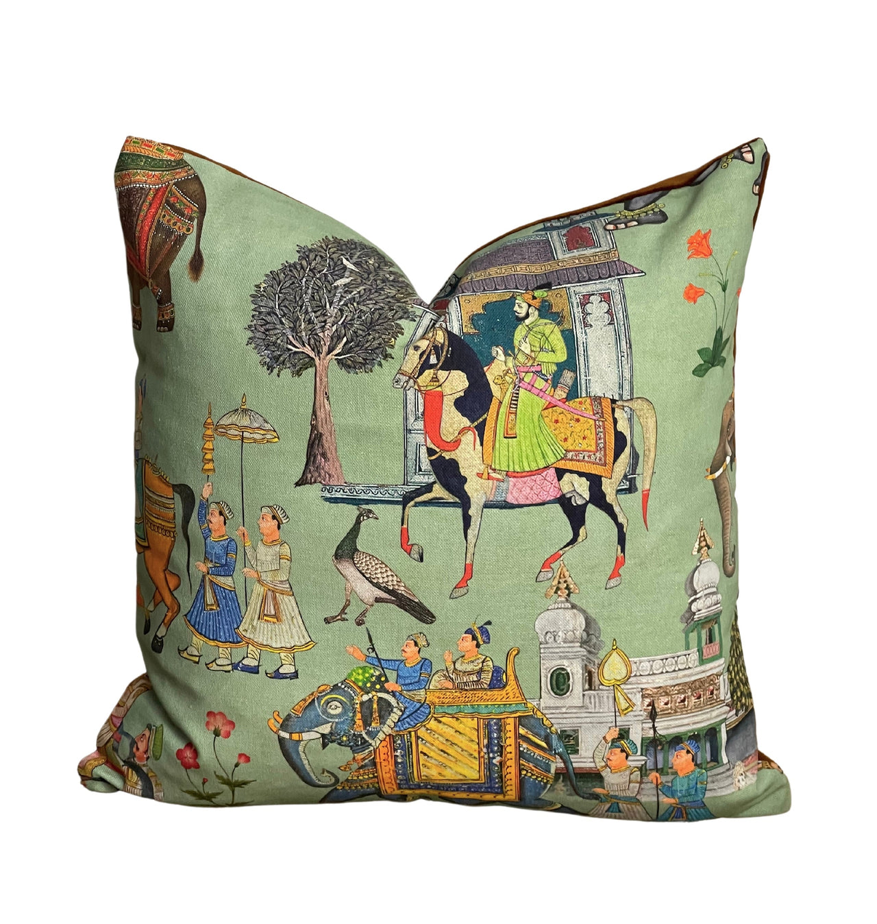 Ethnic Indian Festival Scene Cushion Cover – Digital Printed Fabric with Historic Rajput Elements