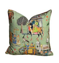Thumbnail for Ethnic Indian Festival Scene Cushion Cover – Digital Printed Fabric with Historic Rajput Elements