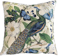 Thumbnail for Decorative pillow with peacock, butterflies, and floral design on a beige background