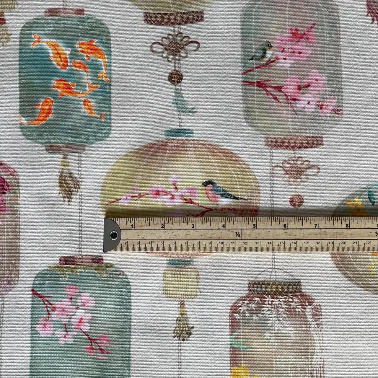 Cotton blend fabric for curtains with koi fish lantern design