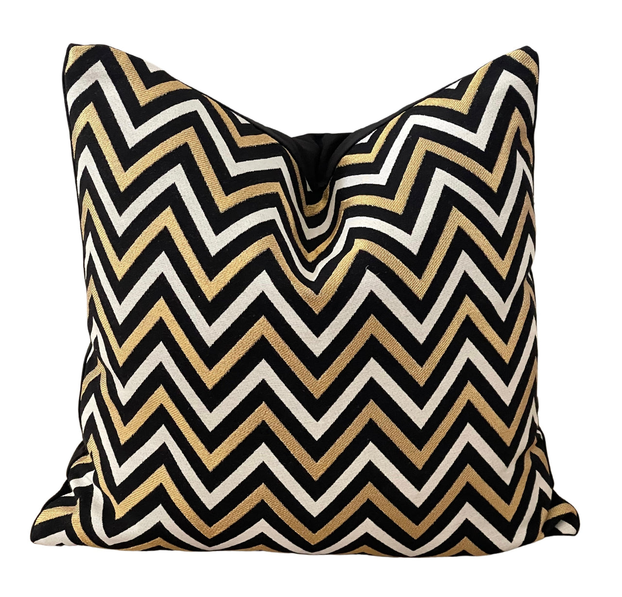 Black, gold, and white zig zag geometric throw pillow.