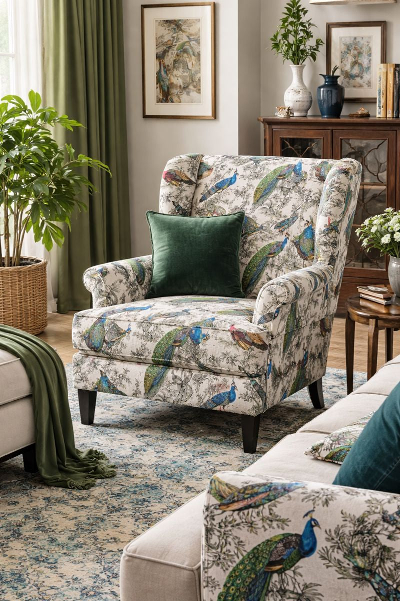 Botanical bird velvet fabric in navy, green, red and yellow tones