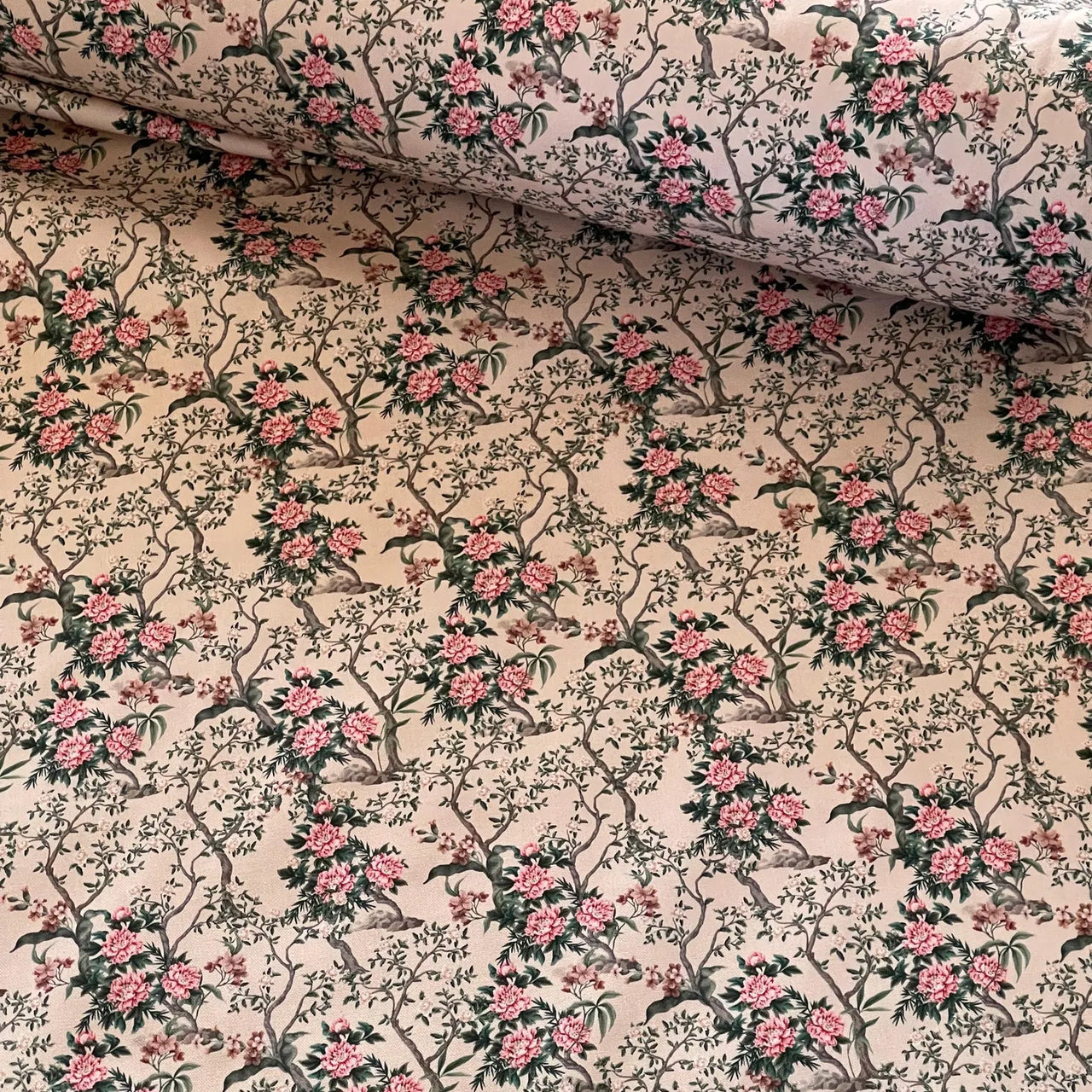Peony blossom chinoiserie textile in pink and sage tones