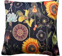 Thumbnail for Decorative cushion cover in black velvet with detailed sunflowers, black anemones, orchids, and lotus pod floral pattern.

