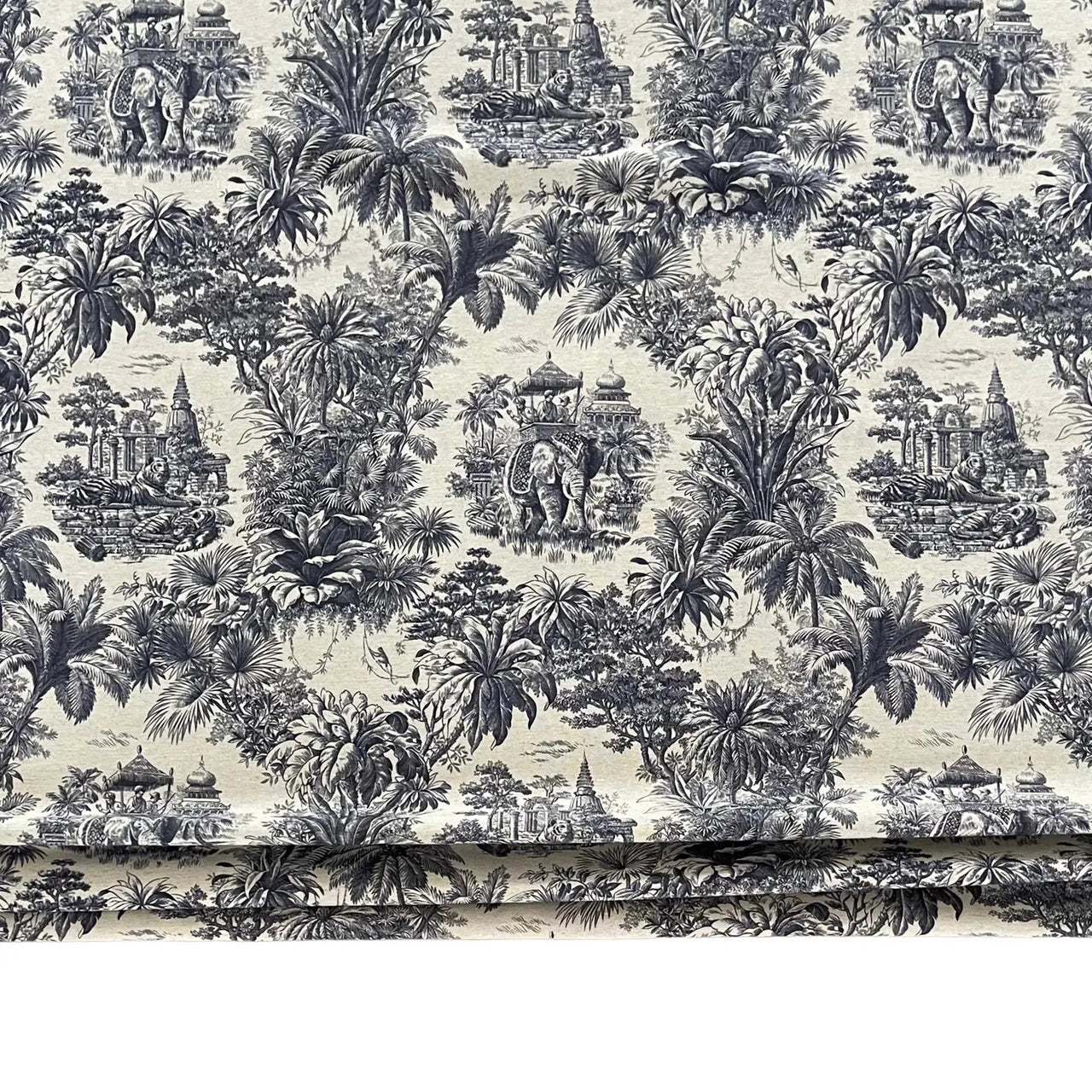 French-style toile print with tropical jungle scenes