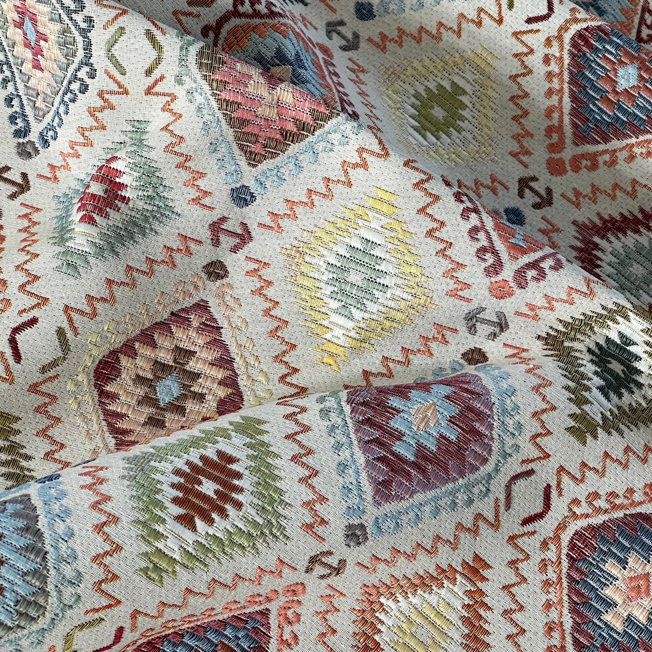 Multicolor kilim pattern fabric with textured surface