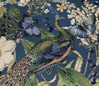 Thumbnail for Embroidered design of a peacock, butterflies, and flowers on a blue background