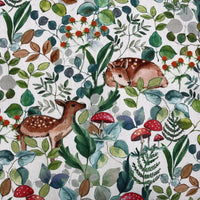 Thumbnail for Whimsical woodland cotton fabric with deer, mushrooms, and forest leaves in green, teal, and red on a white background.