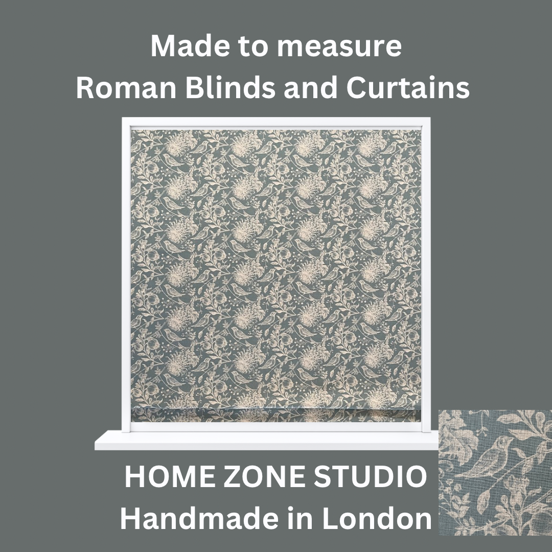 Roman blind with floral pattern on a gray background, featuring text about Home Zone Studio.