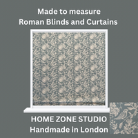 Thumbnail for Roman blind with floral pattern on a gray background, featuring text about Home Zone Studio.
