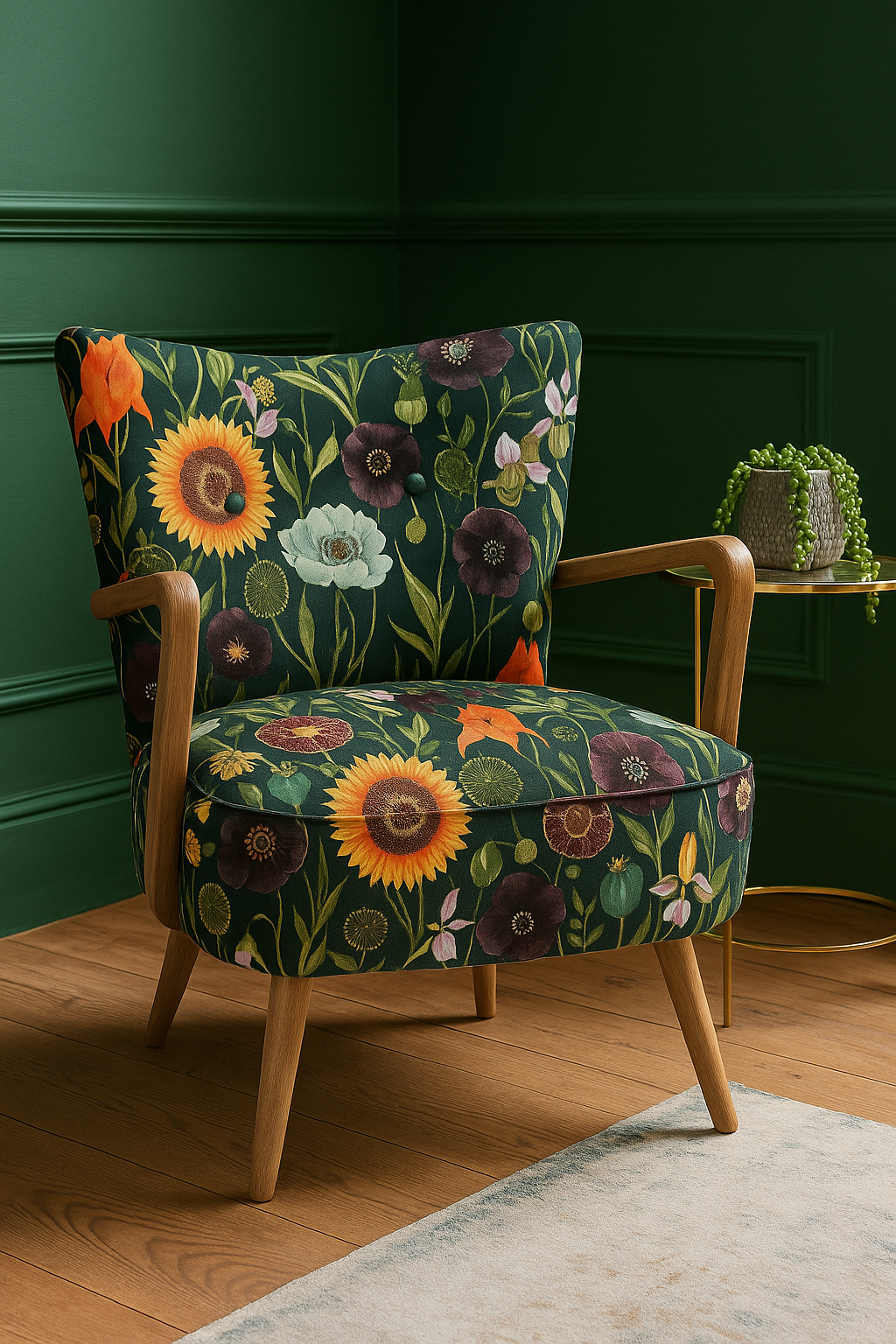 Accent chair with Poppy and Sunflower botanical fabric.

