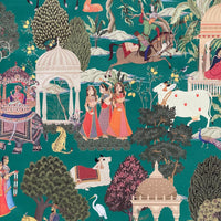 Thumbnail for Upholstery fabric in green with detailed Indian motifs—great for boho, eclectic, and maximalist interiors.

