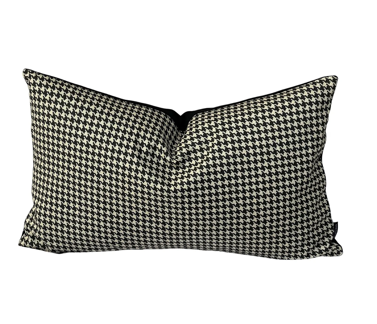 Rectangular 20x12 lumbar houndstooth cushion with black velvet backing.