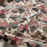Thumbnail for Japanese-inspired cotton fabric featuring geishas and sakura flowers in a vintage art style.