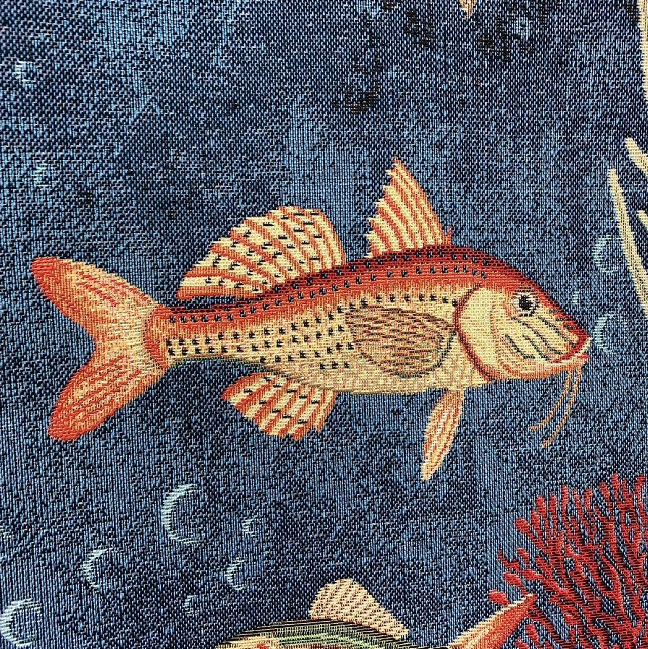 Ocean life pattern on luxury blue upholstery.