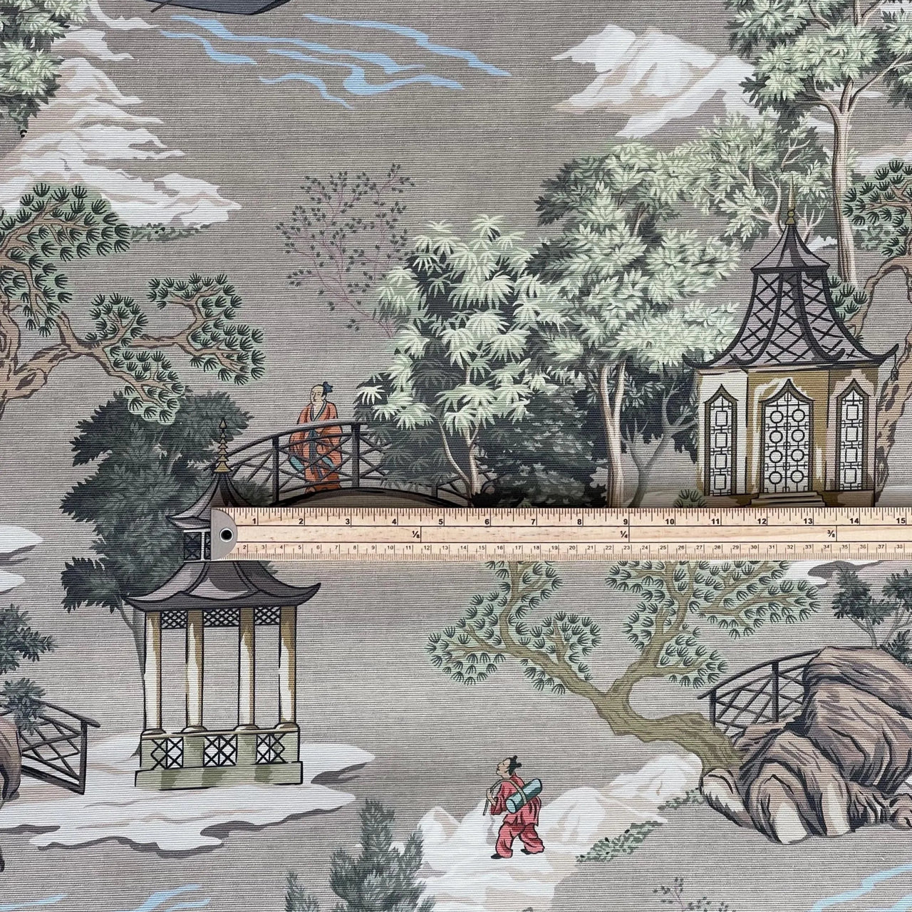 Grey scenic Pagoda Garden fabric with boats and garden structures