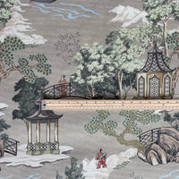 Thumbnail for Grey scenic Pagoda Garden fabric with boats and garden structures