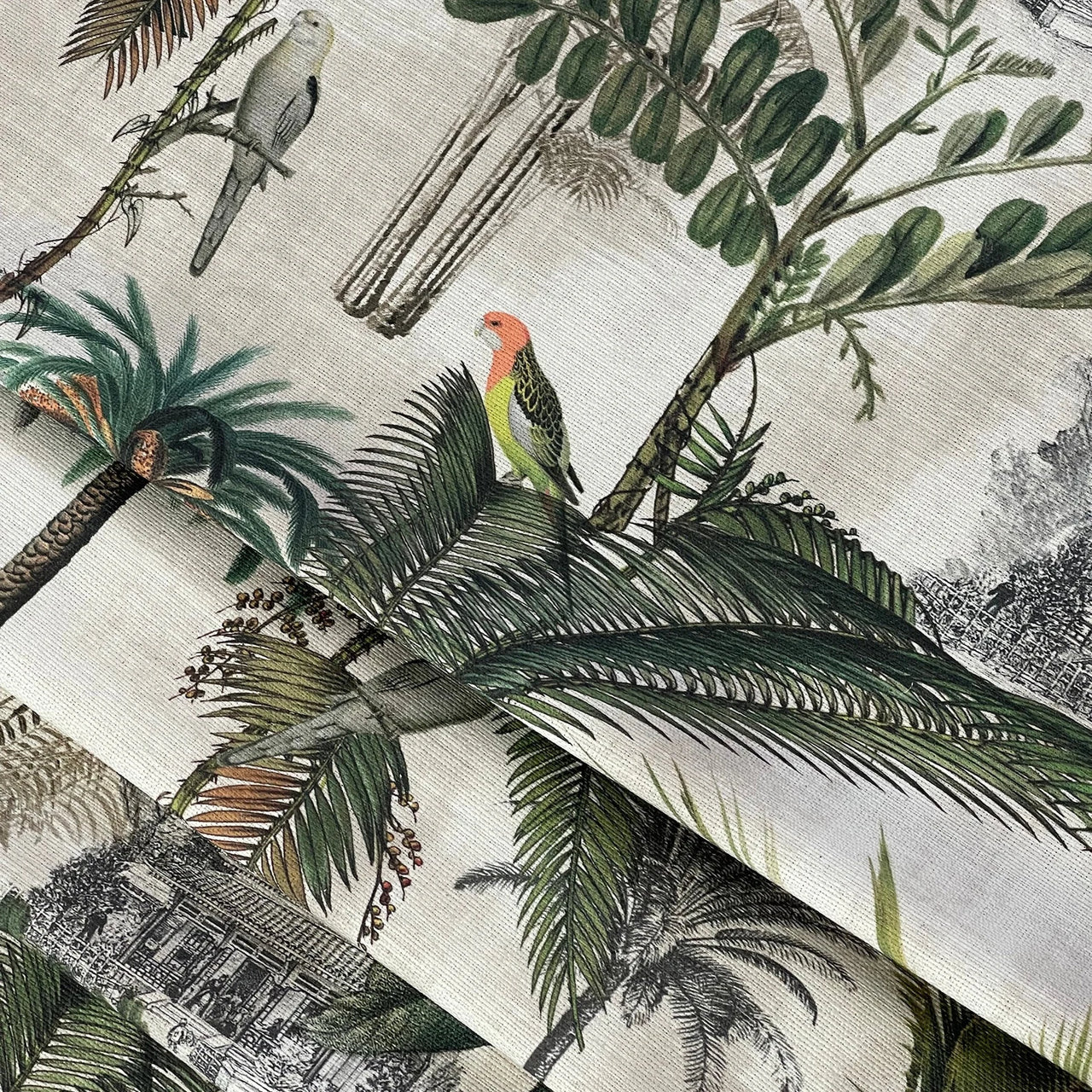 Jungle-themed home décor fabric with palms and exotic parrots