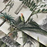 Thumbnail for Jungle-themed home décor fabric with palms and exotic parrots