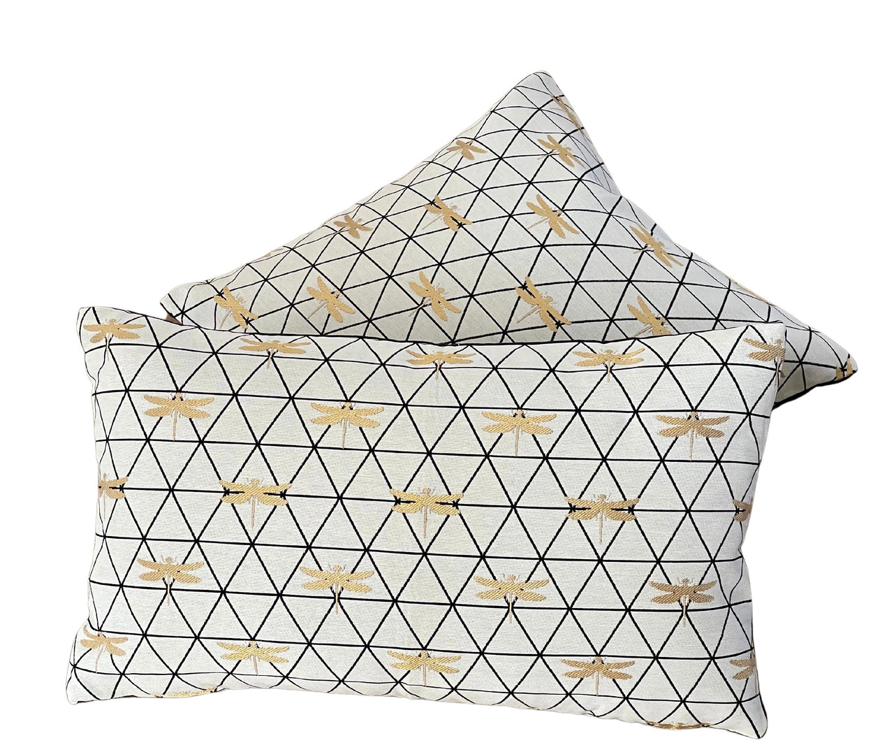 Contemporary cushion with dragonfly geometric print.