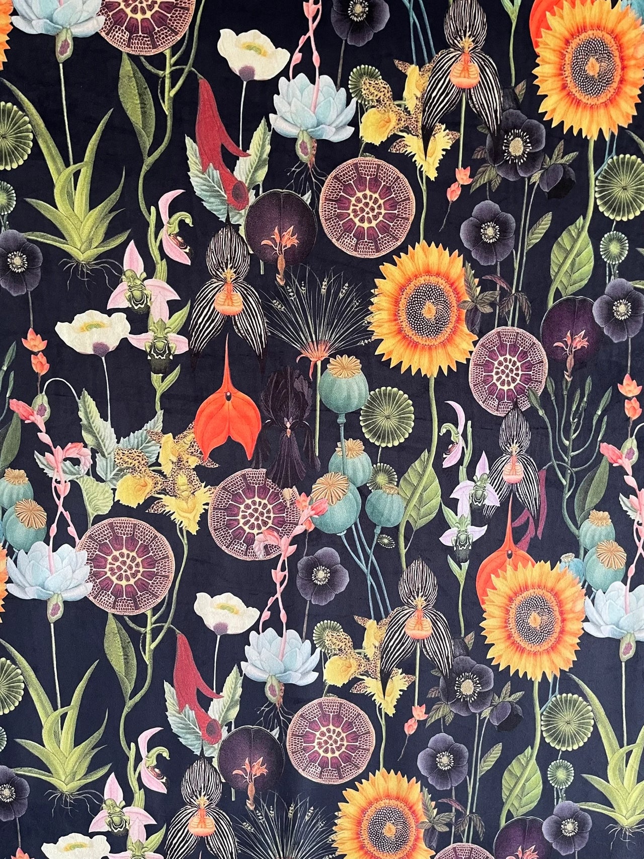Colorful floral and insect pattern on a dark background