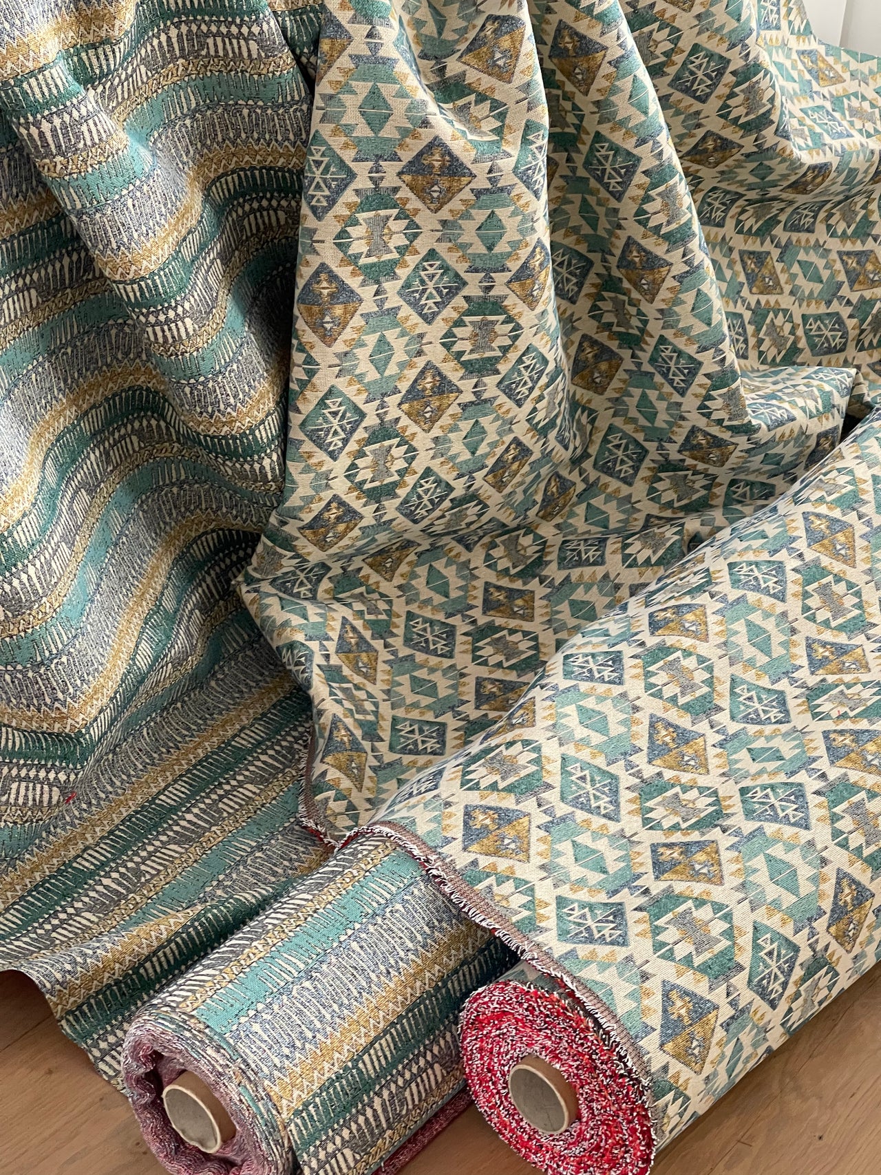 Moroccan-Inspired Kilim Afghan Old Rug: Blue, Yellow, and Green Stripes - Elevate Your Unique Home Decor - Sold by the Metre