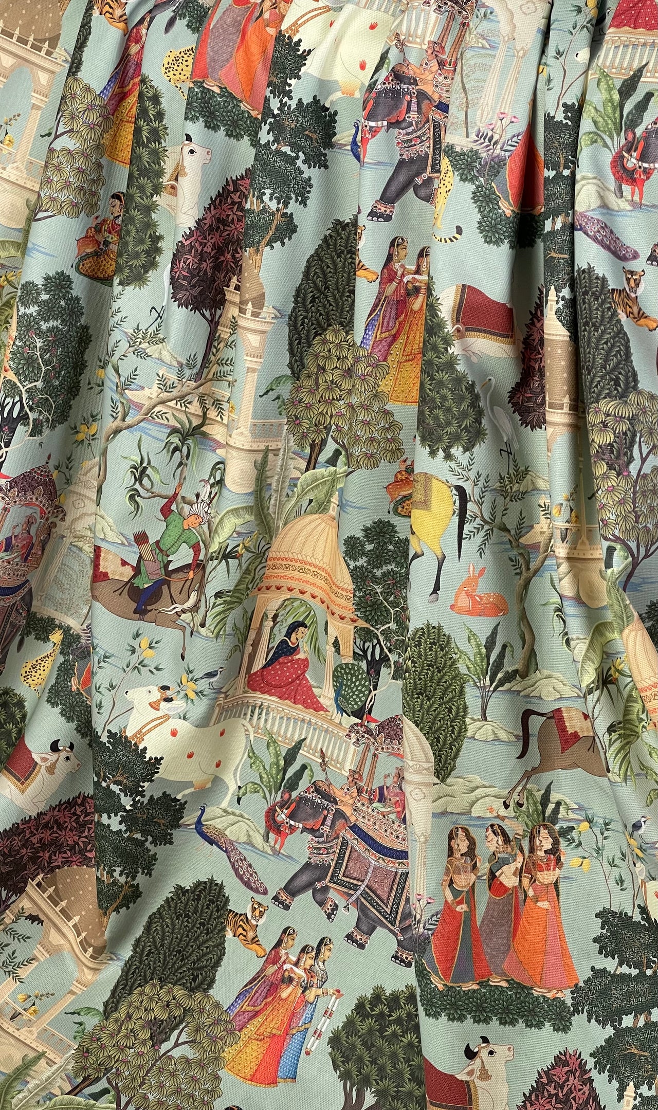 Custom-Made to Measure Roman Blinds - Regalia Pattern on Duck Egg Cotton Fabric with Elephants, Horse, Pagodas, and Trees