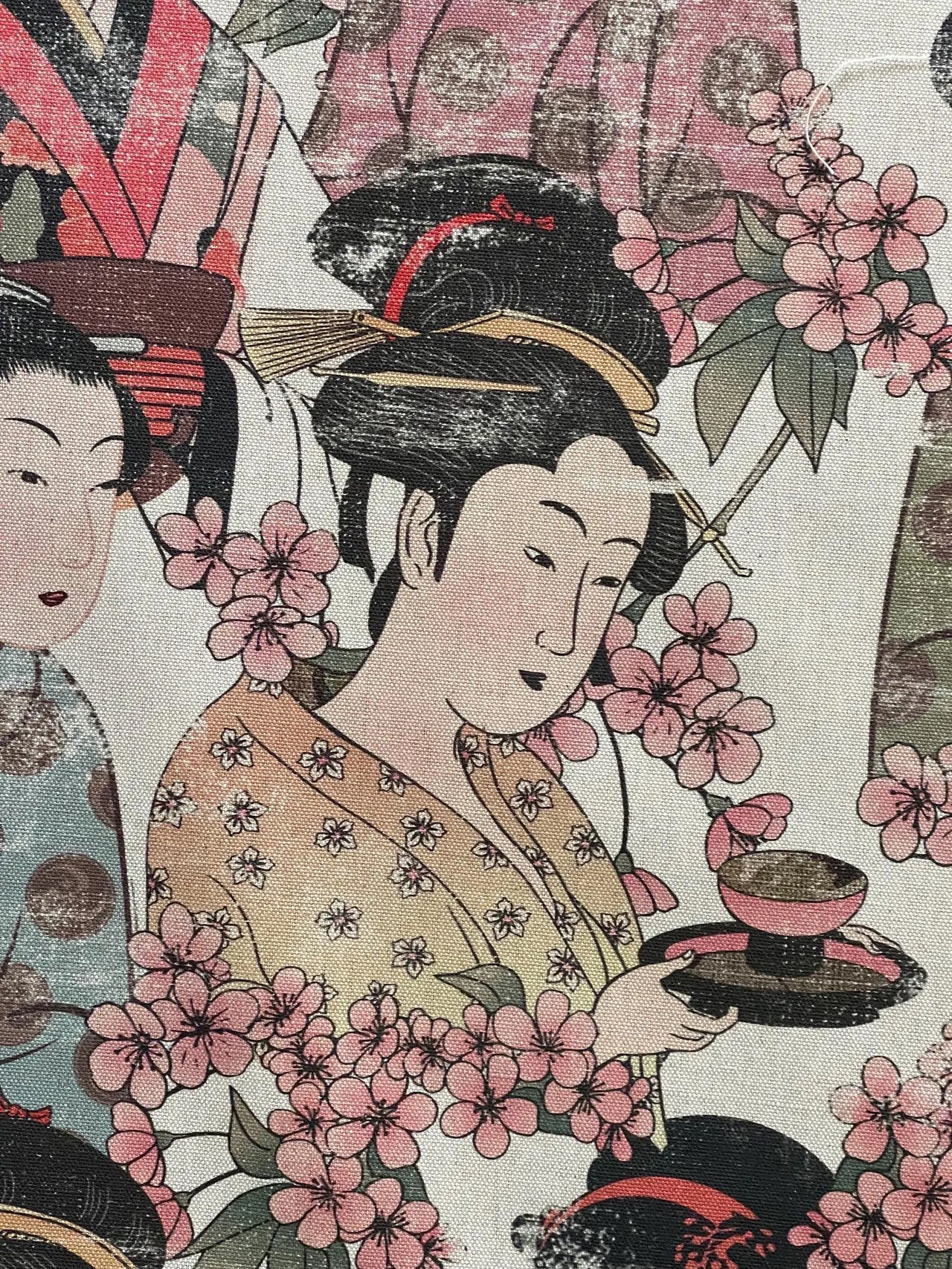 Traditional Japanese illustration of a woman in a kimono with cherry blossoms.