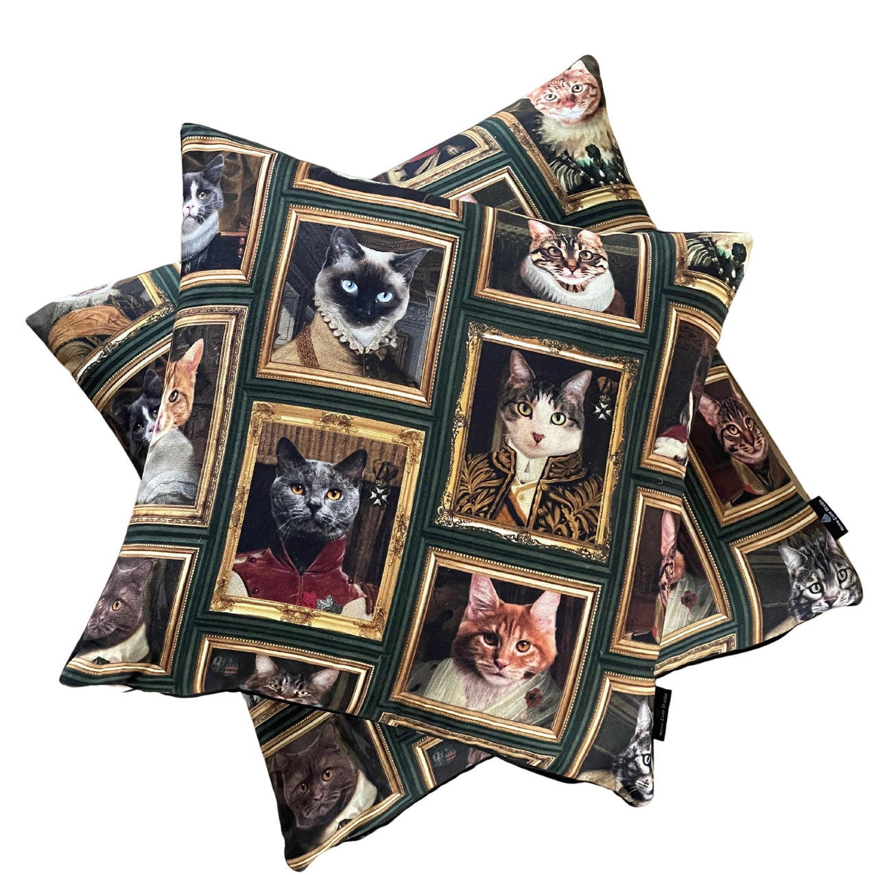 Green cushion with classic art gallery cat theme