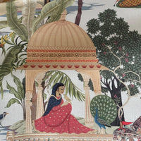Thumbnail for Regalia Indian Cotton Fabric featuring Mughal palace scene with elephants, horses, peacocks, and traditional Indian figures on a white duck egg background, ideal for curtains, blinds, and upholstery 