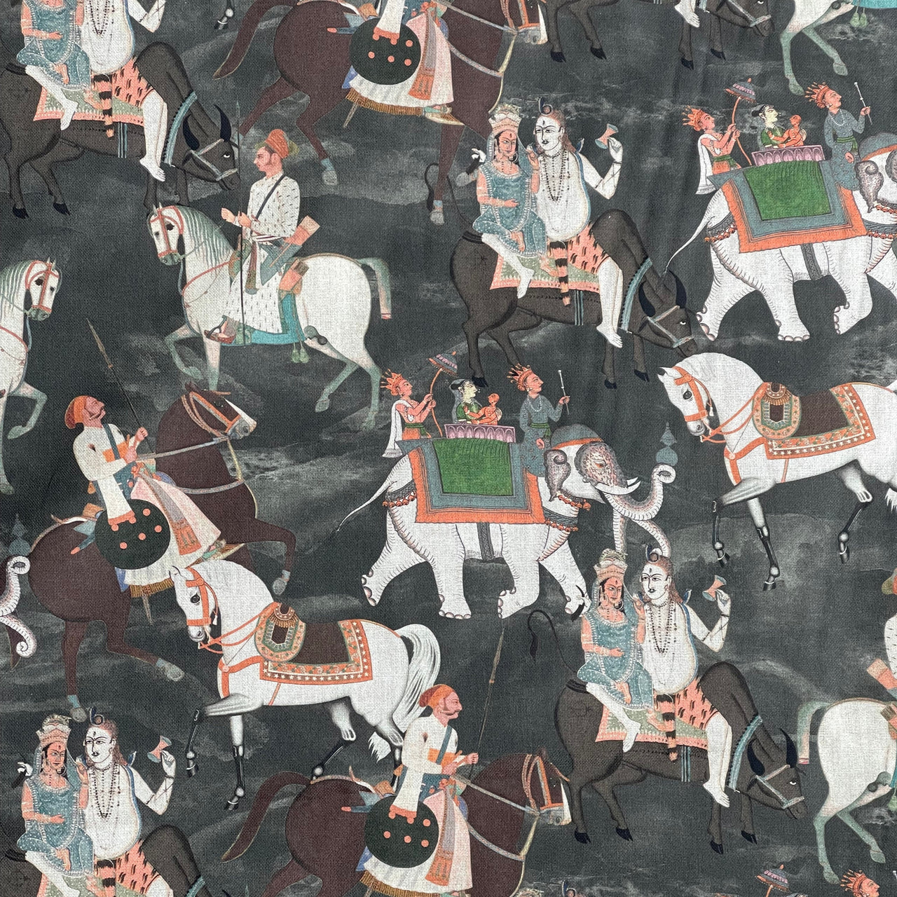 Pattern of people on horseback and elephants with decorative elements on a dark background