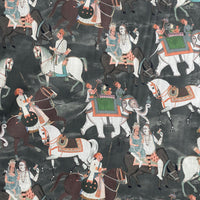 Thumbnail for Pattern of people on horseback and elephants with decorative elements on a dark background