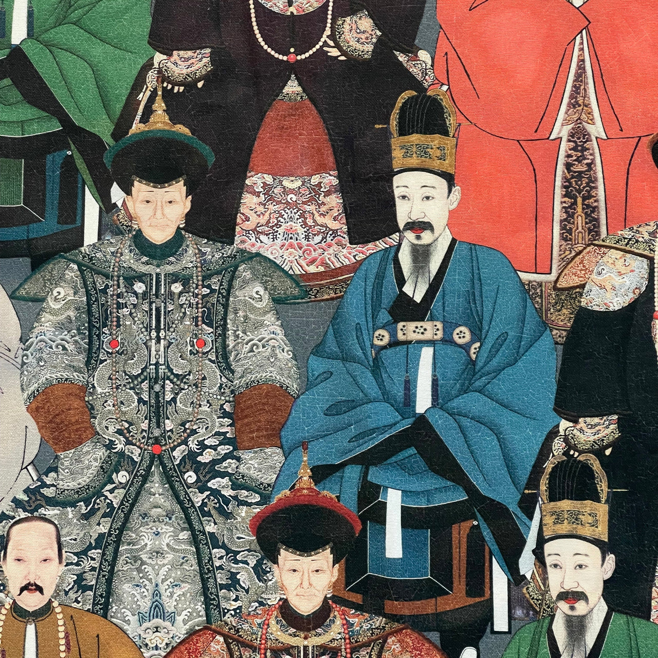 Traditional Chinese emperor print cotton fabric in bold earthy and jewel tones

