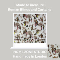 Thumbnail for Roller blind with a pattern of people and flowers, labeled 'Made to measure Roman Blinds and Curtains' by Home Zone Studio.