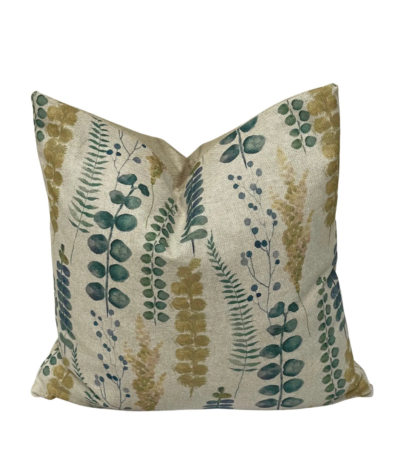Eucalyptus Meadow botanical cushion cover in teal, green and gold on cotton-linen fabric.