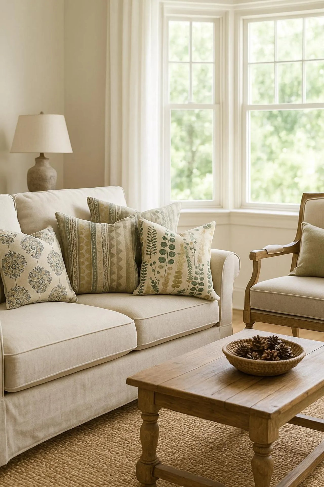 Botanical print cushion cover styled in a neutral living room setting.