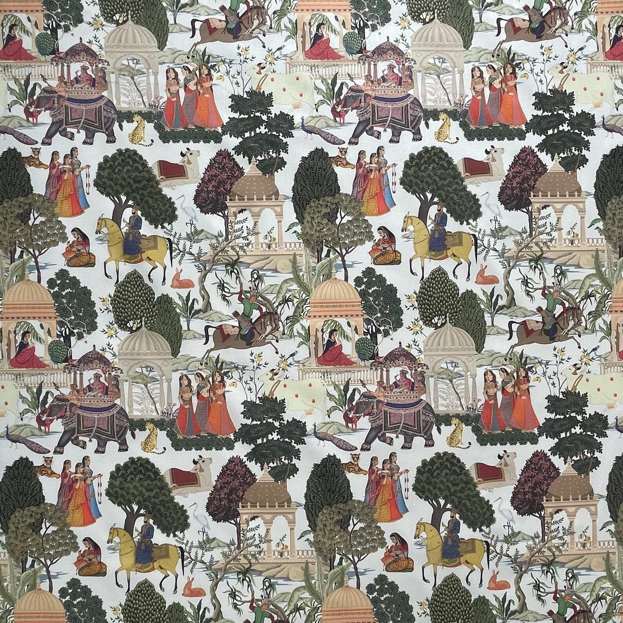 Horse riders and domed pavilions fabric close-up