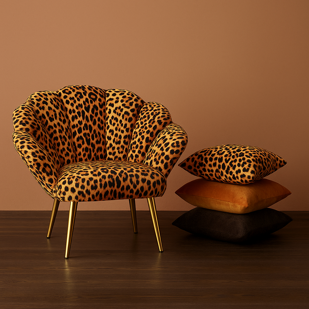 Leopard print scalloped armchair with velvet cushions.

