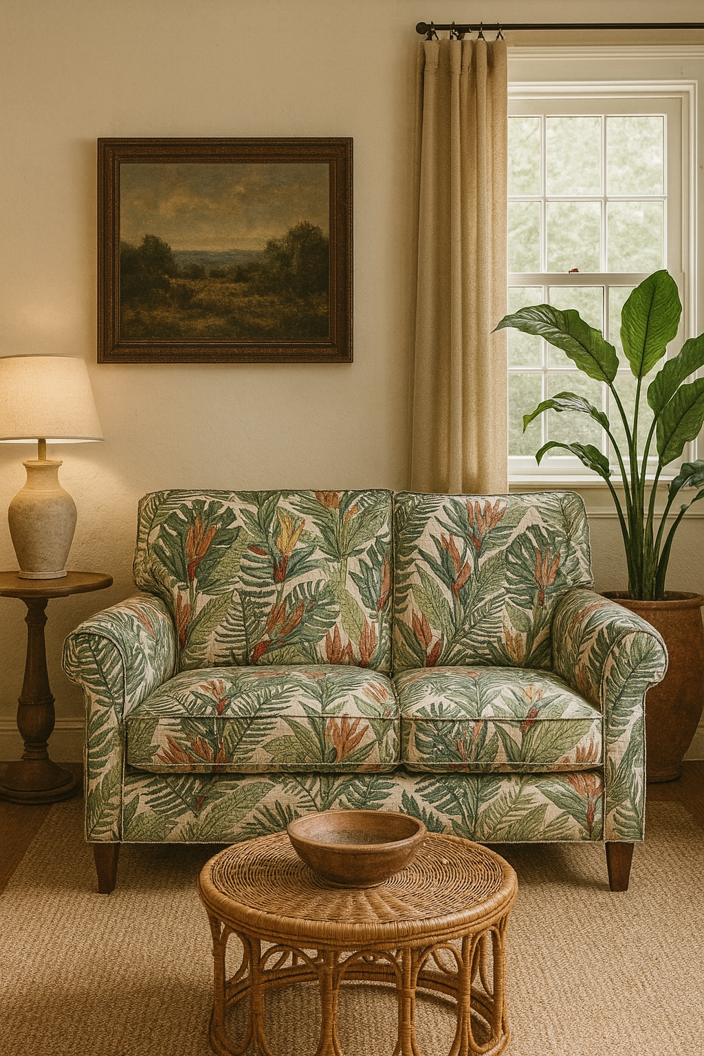 Upholstered sofa in Birds of Paradise tropical fabric

