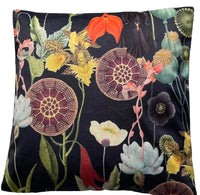 Thumbnail for Velvet cushion cover featuring exotic botanical print with yellow orchids, lotus pods, red flowers, and white poppies on a black background.

